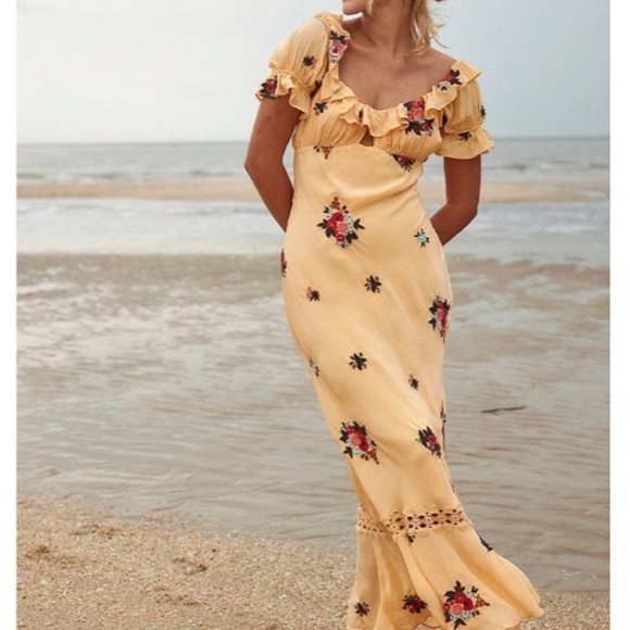 Free People BALI Santa Cruz Ruffle Dress Golden Sands Yellow Maxi Dress Size XS
